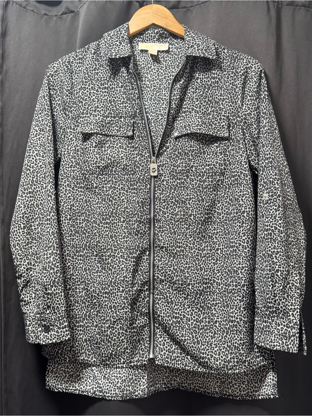 Michael Kors Black and White Leopard Zip-Front Semisheer Shirt
